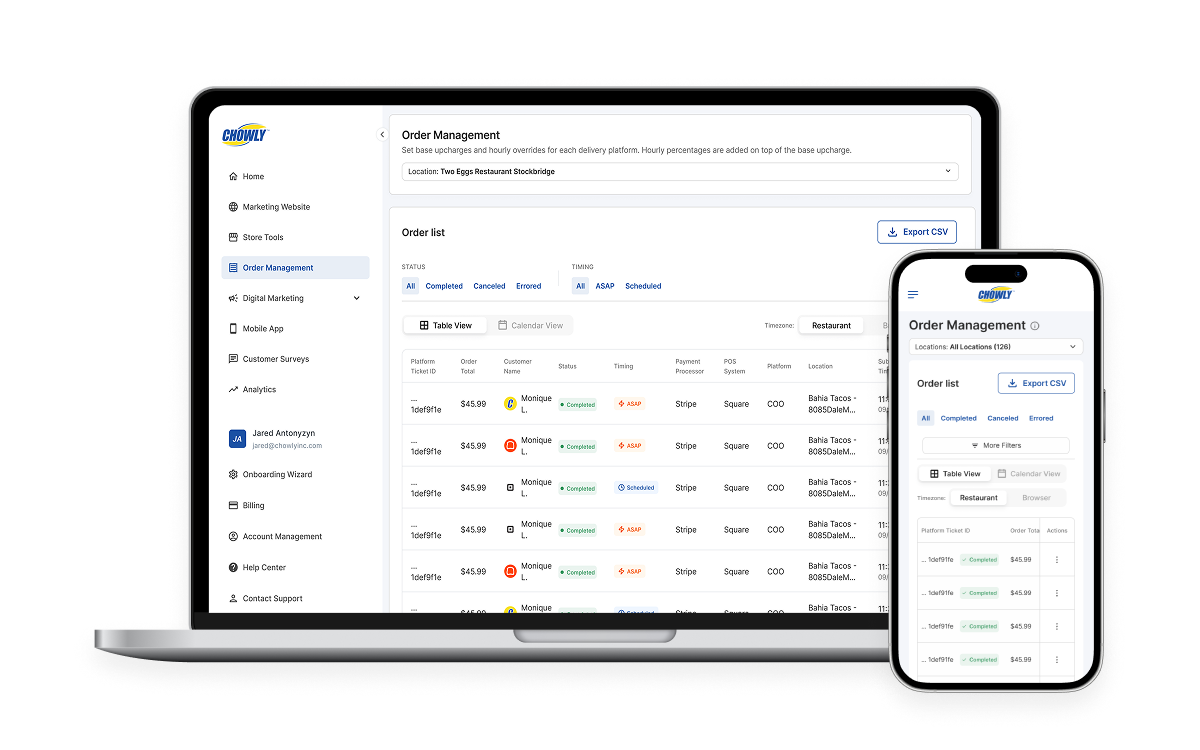 Laptop and smartphone showing Chowly's third-party marketplace integration with a unified order management view.