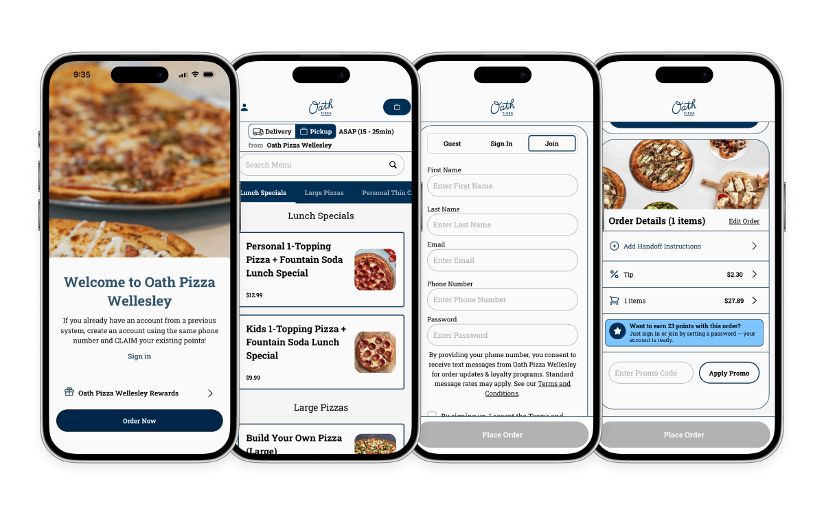 Branded restaurant mobile app with loyalty on iOS and Android